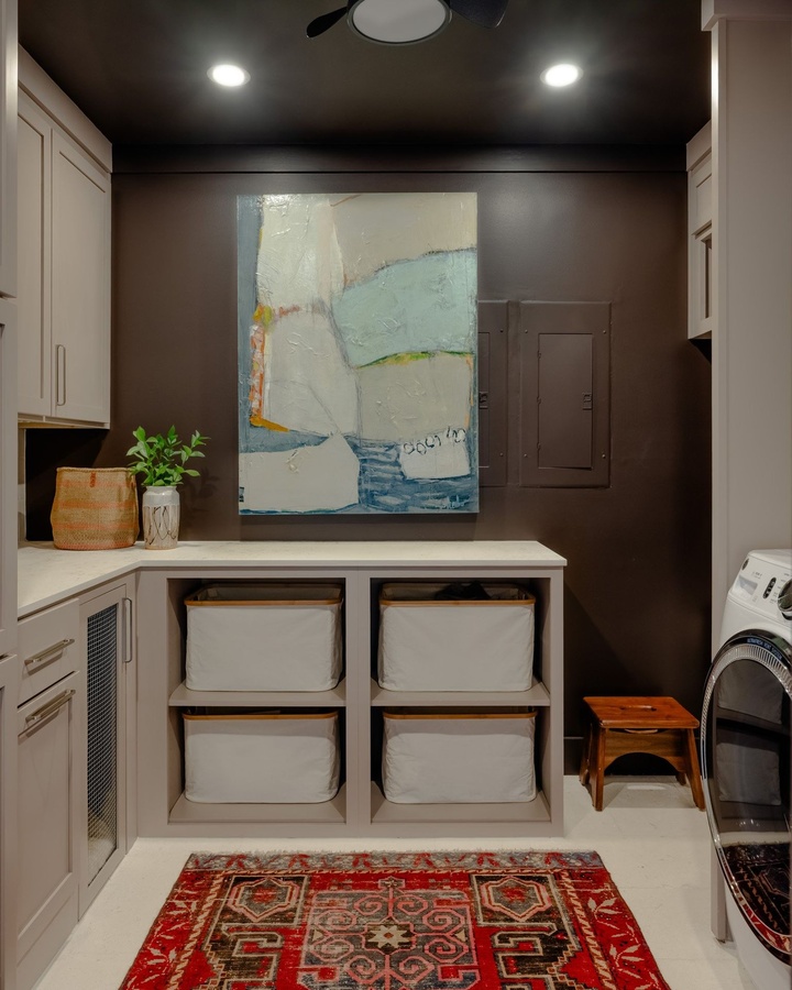 Greige shaker mudroom cabinetry by Designer Cabinets