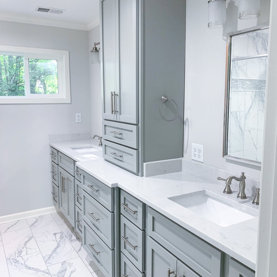 Gray shaker bath cabinetry by Designer Cabinets